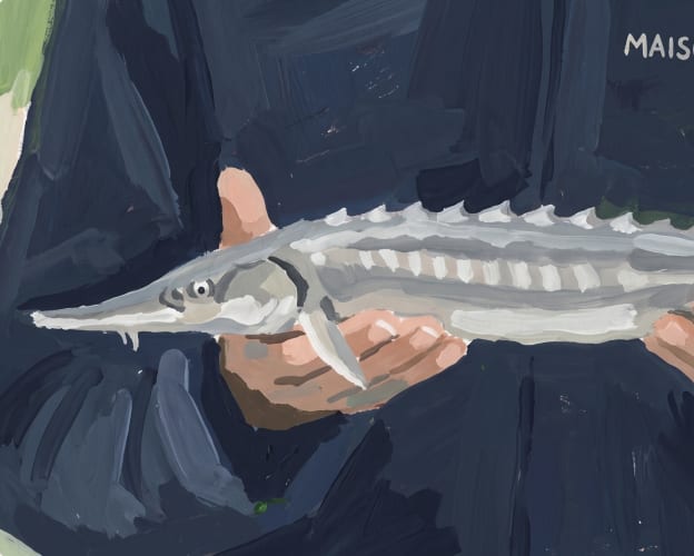 A Maison Rocheval producer holding a freshly harvested sturgeon