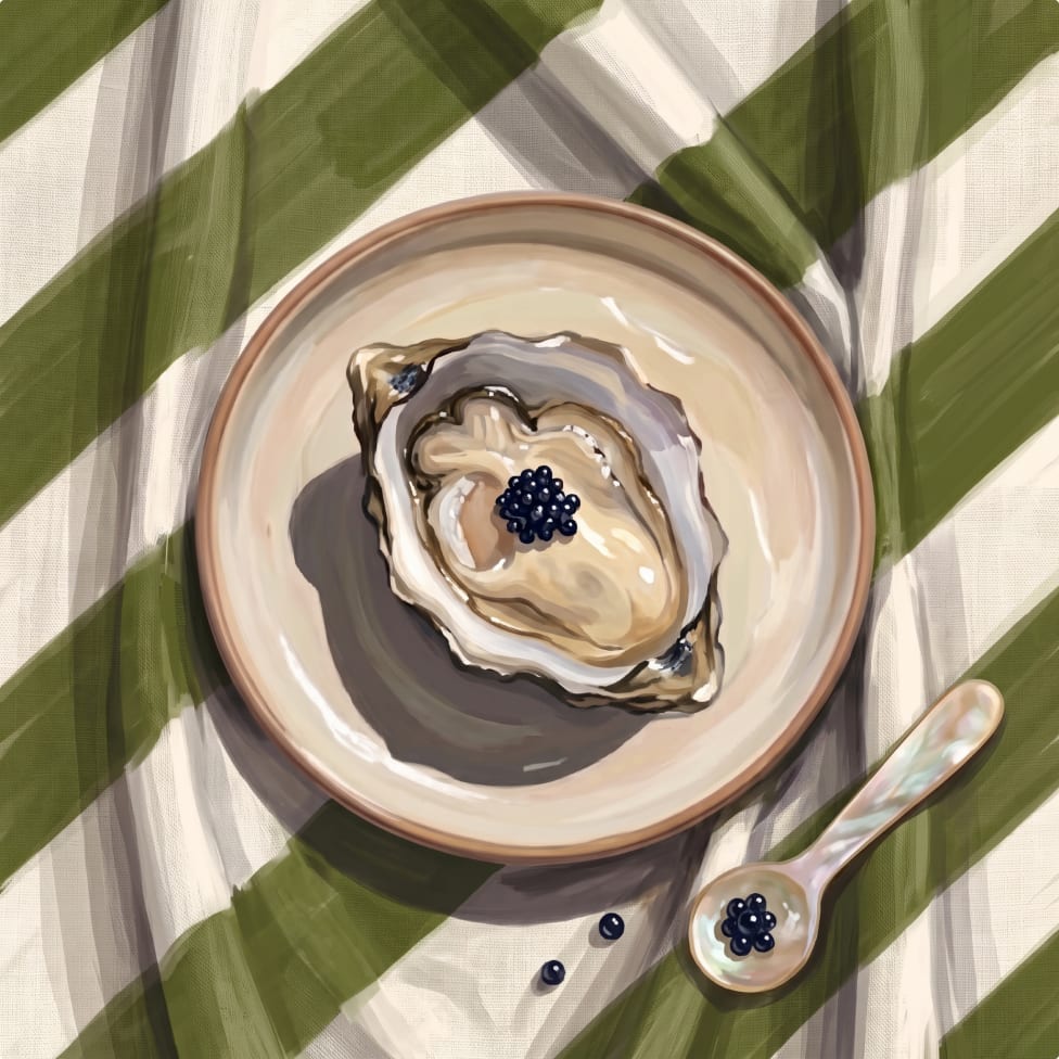 A single oyster dressed with caviar, served on a striped linen cloth
