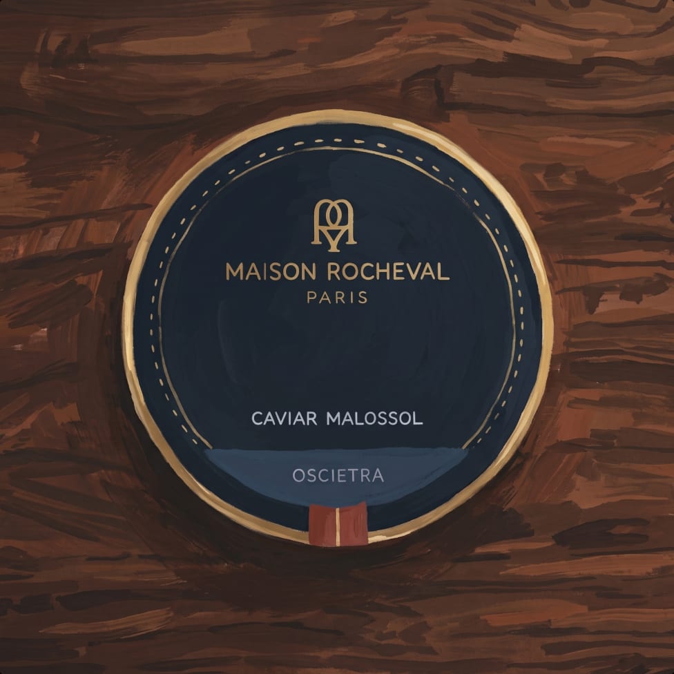 An open tin of Maison Rocheval caviar resting on a wooden table